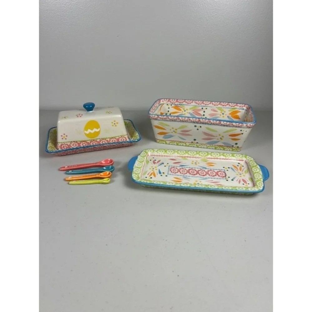 Temp-tations Old World Ceramic Butter Dish Loaf Pan Tray Measuring Spoons Set